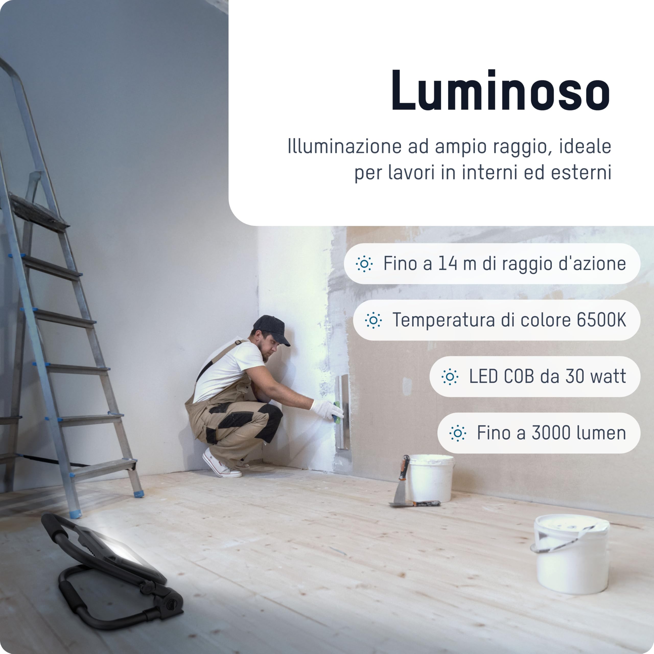 ANSMANN Luce da lavoro a LED, compatibile con batterie da 18V, incl. piastre di adattamento per Bosch, Makita, Milwaukee/Dewalt, 3000 lumen robusti 30 watt 3 livelli di luminosità