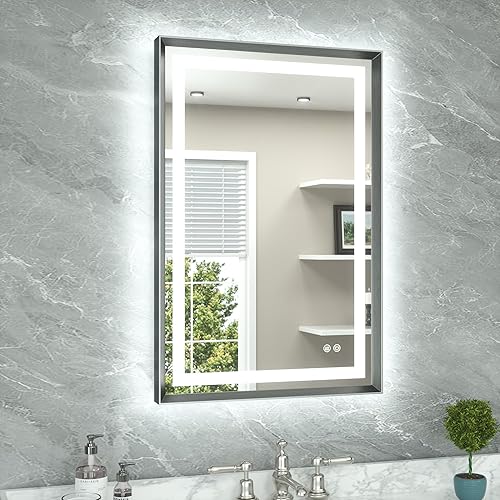 Miniatura 47 de TETOTE Espejo LED de baño de 24 x 32 pulgadas, marco de metal dorado cepillado frontal y retroiluminado, espejo de tocador antiniebla, regulable Oro