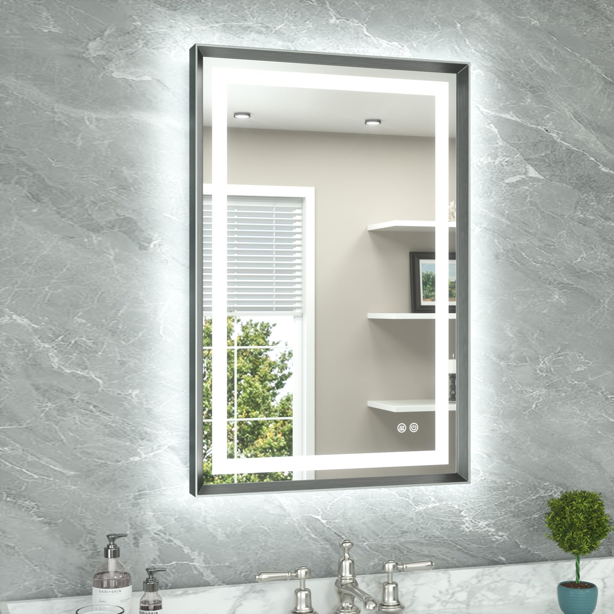 TETOTE 24 x 36 Led Mirror Brushed Gunmetal Gray/Off‑Black Metal Frame Frontlit &amp; Backlit Vanity Mirror Anti-Fog Stepless Dimmable 3 Colors White/Warm/Natural Wall Mirror with Lights Wall-Mounted