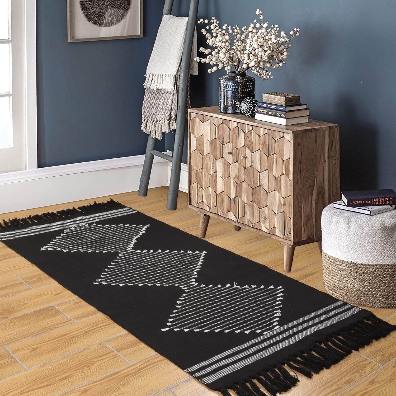 LEEVAN Boho Cotton Runner Rug, 2.3' x 5.3' Black Geometric Kitchen Sink Rug with Tassels Woven Diamond Soft Indoor Mat Hallways Machine Washable Carpet for Living Room Bathroom Bedroom Decor