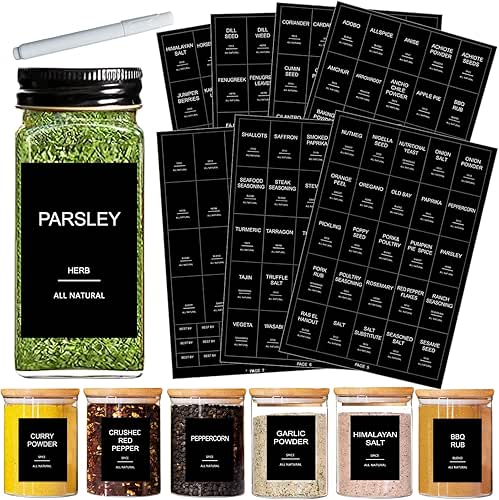 191 Spice Jar Labels Preprinted Minimalist Stickers - Matte Black