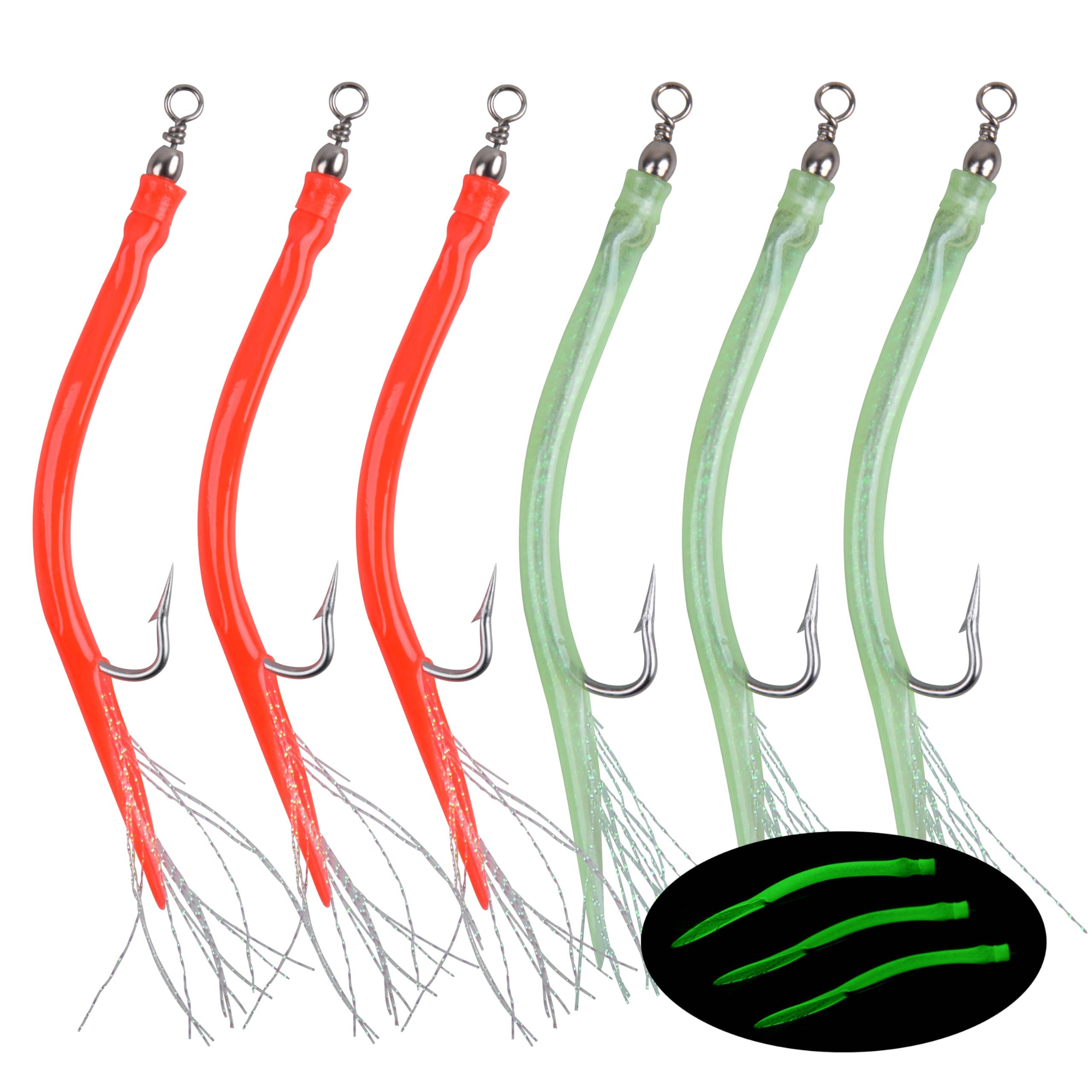 Striped Bass Trolling Tube Lures Saltwater Cod Rig Tube Teasers with Stainless Steel Hook Swivel for Offshore Trolling Striper Bass Cod Big Game Fishing 7/0 Red Green, 6pcs