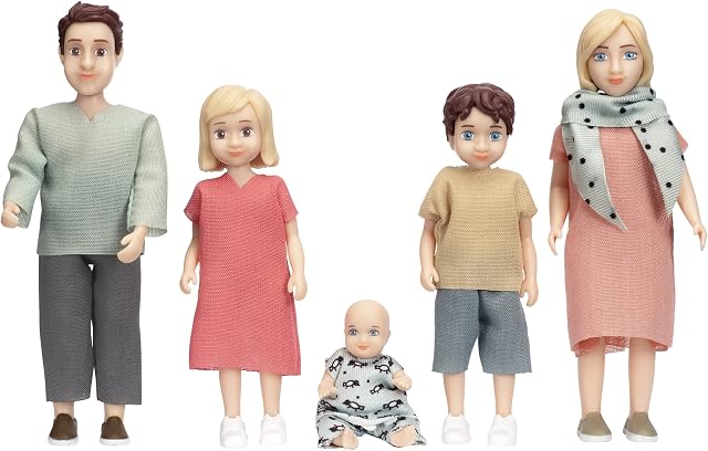 LUNDBY Doll House Dolls  Dollhouse People Figures  Toy Doll Charlie Family Set  2 adulti + 3 bambini  Accessori per mobili per bambole  Mini bambole in plastica per bambini dai 3 anni  1:18