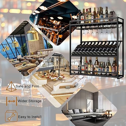 Miniatura 5 de Estante de techo para copas de vino, gabinete de metal colgante para botellas de vino, estante industrial de altura ajustable, estante de