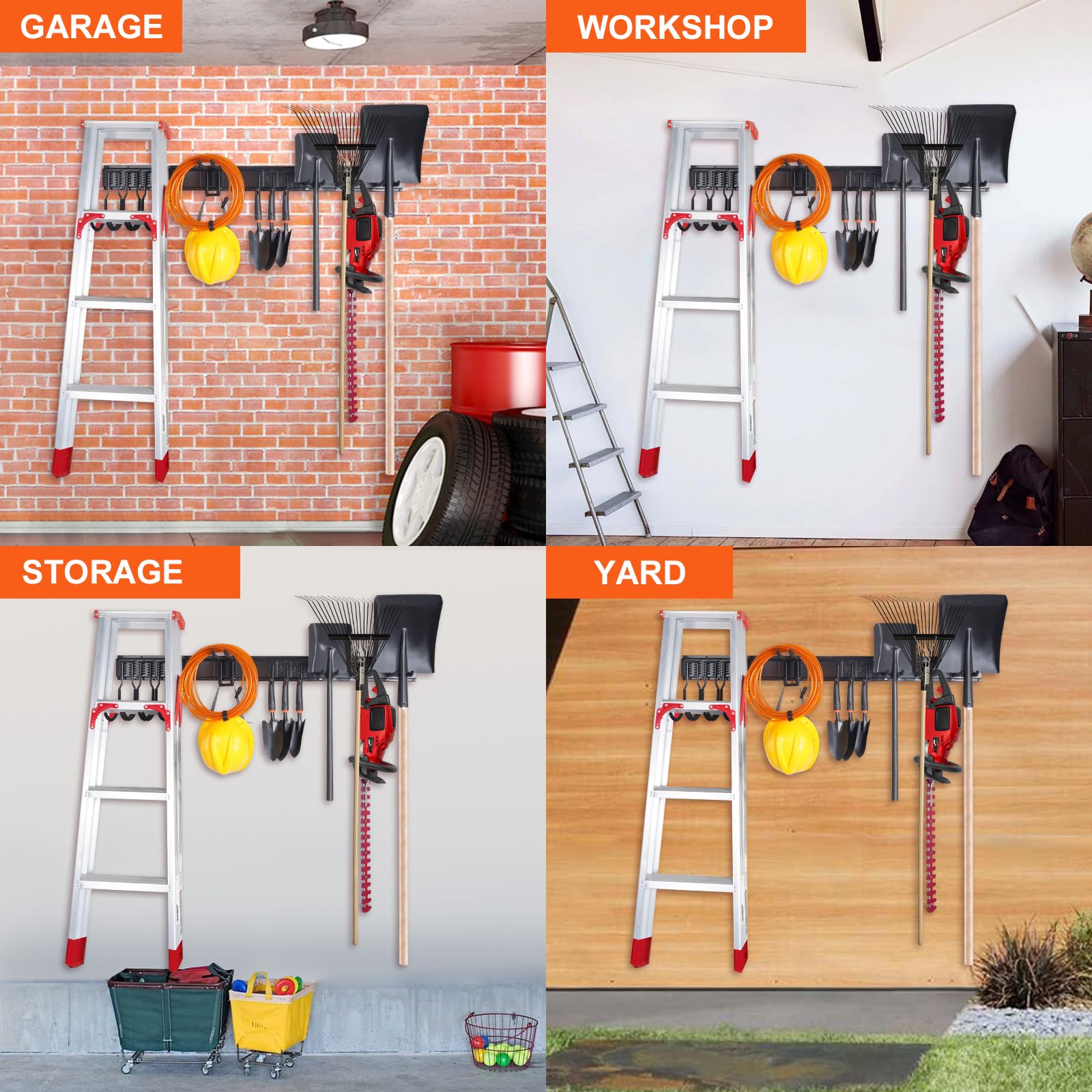 VEVOR Support Mural d'Outils de Garage, Capacité de Charge Maximale 272 kg, Organisateur de Rangement Jardin avec 10 Crochets Réglables et 4 Rails pour Outils de Jardin, Pelles, Coupe-bordures, Tuyaux