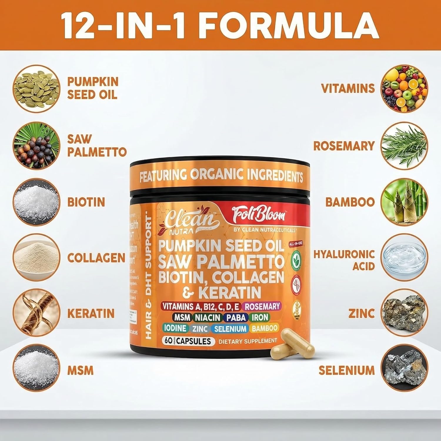 Clean Nutra Pumpkin Seed Oil Capsules + Saw Palmetto Biotin Collagen Keratin MSM Folate Hyaluronic Acid Supplements B12 Zinc Hair Supplement for Women Men Iodine 5-MTHF B-12 Vitamin B9-60 Pills