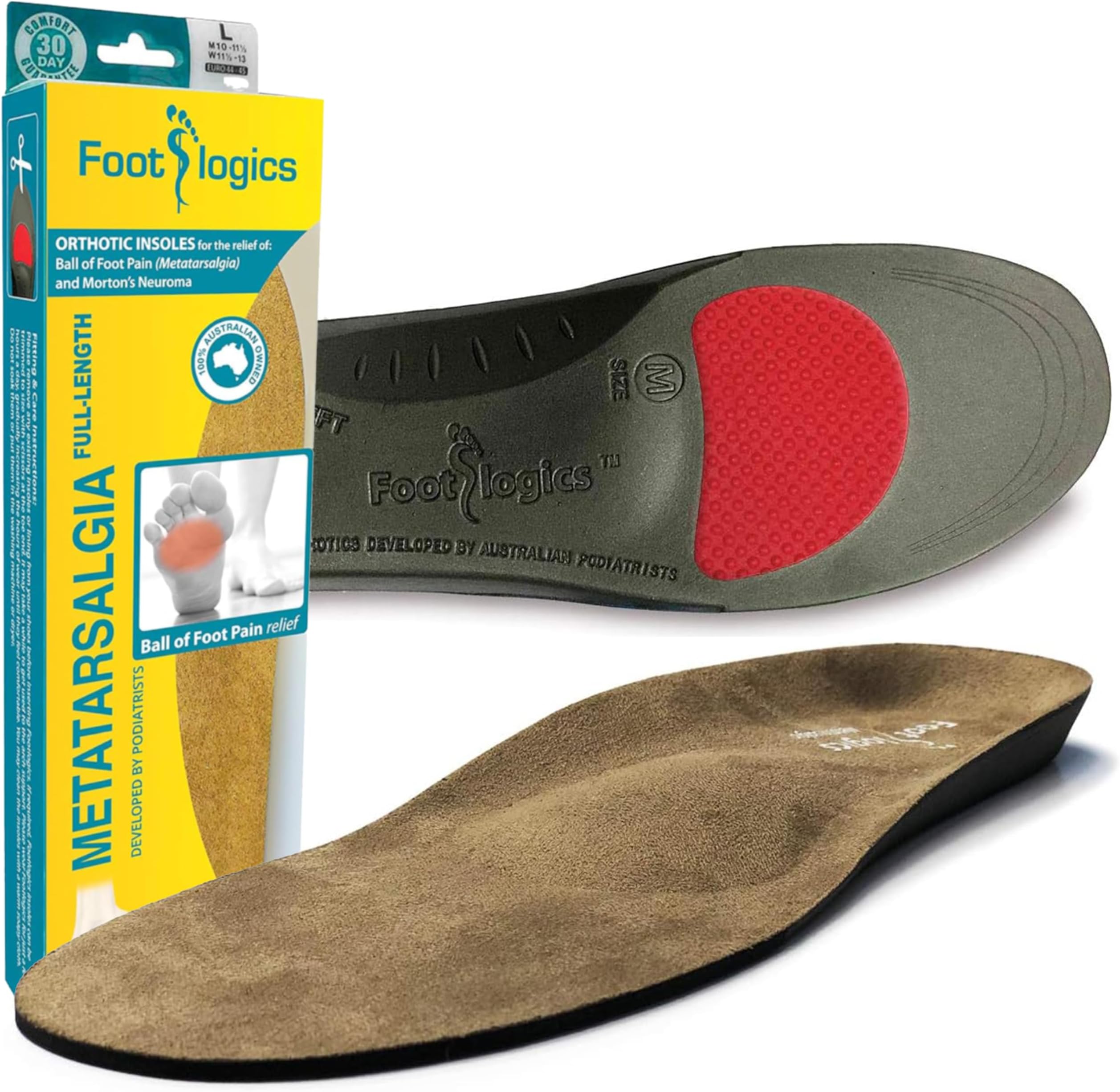 Footlogics Full-Length Orthotic Shoe Insoles with Built-in Raise for Ball of Foot Pain, Morton’s Neuroma, Flat Feet - Metatarsalgia, Pair (Large)