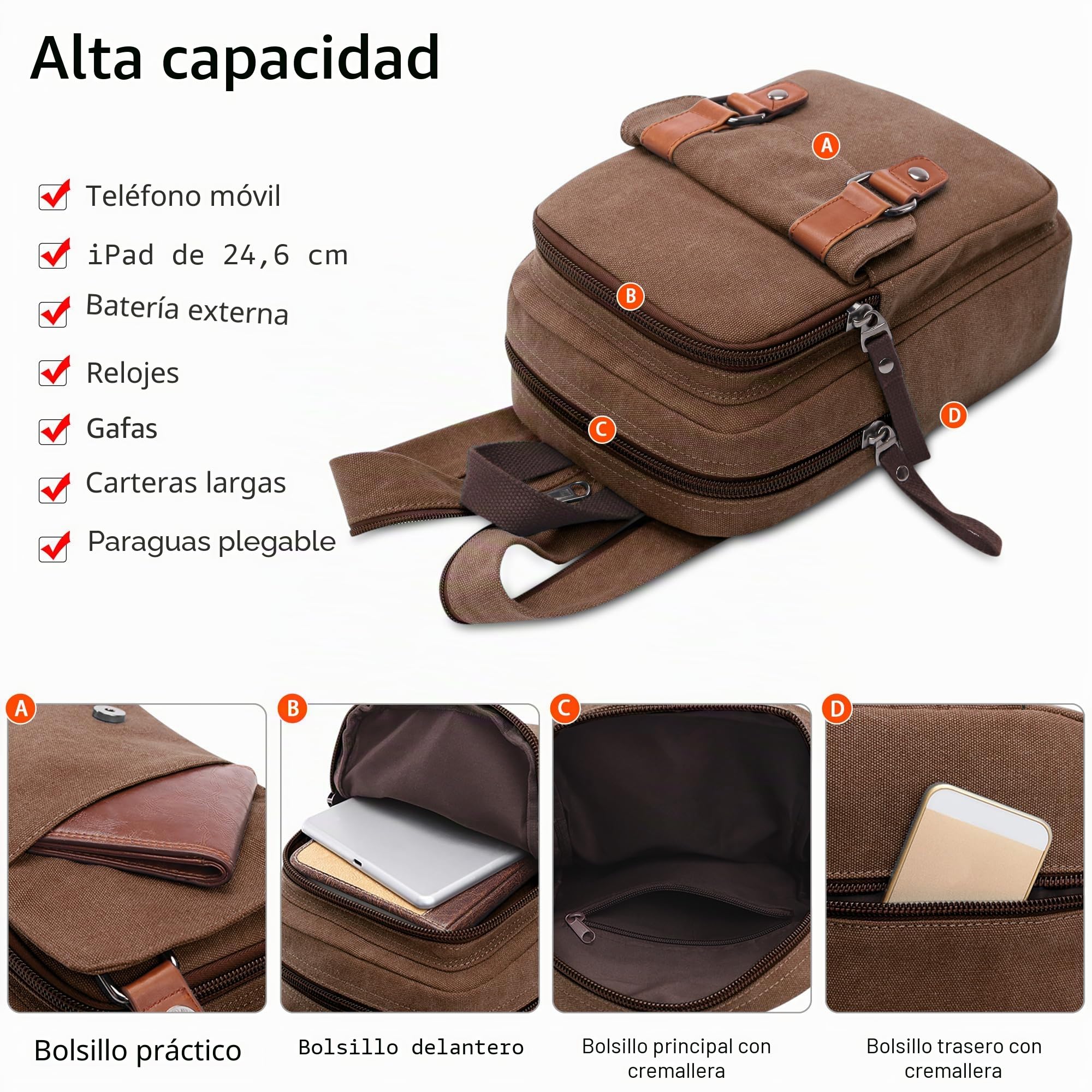 Hombres Mujeres Mochila Moda Pequeña Bolsa de Hombro para Viaje Bolsa de Pecho Escolares Conmutar Causal Bolsos Mochila Lona Messenger Bag Marrón