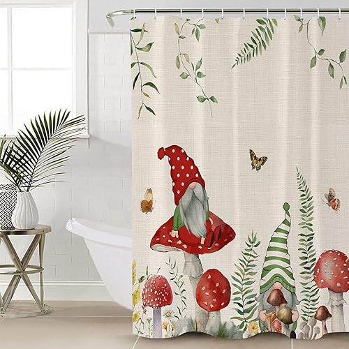 Cortina de ducha con hongos de primavera plantas de acuarela flores silvestres gnomos lino y algodón tela impermeable juego de cortina de ducha con