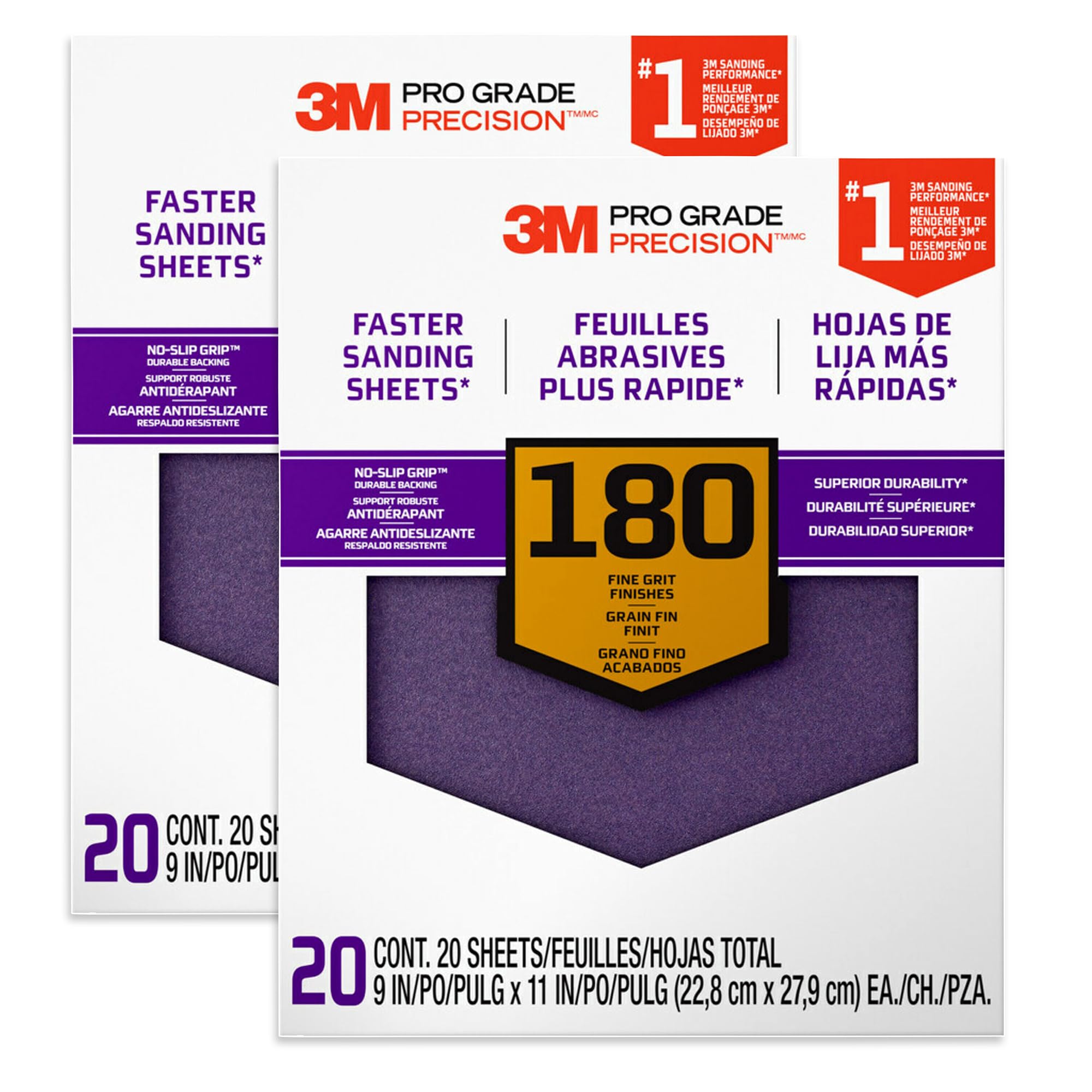 3M 26180CP-P-G 180 Grit Pro Grade No-Slip Grip Advanced Sandpaper (20 Pack), 9 x 11, Purple, 2-Pack