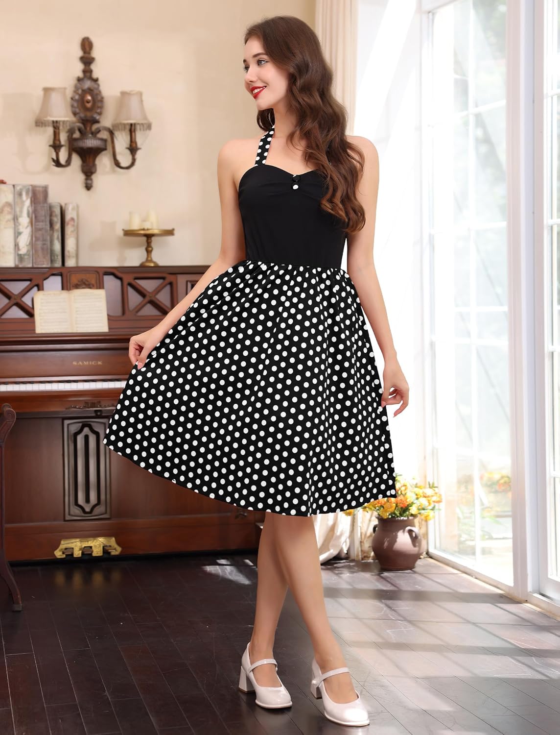 50s Dresses for Women Vintage 1950s Halter Retro Cocktail Dress 50s Polka Dot Pinup Rockabilly Audrey Hepburn Tea Party Dress - Image 3