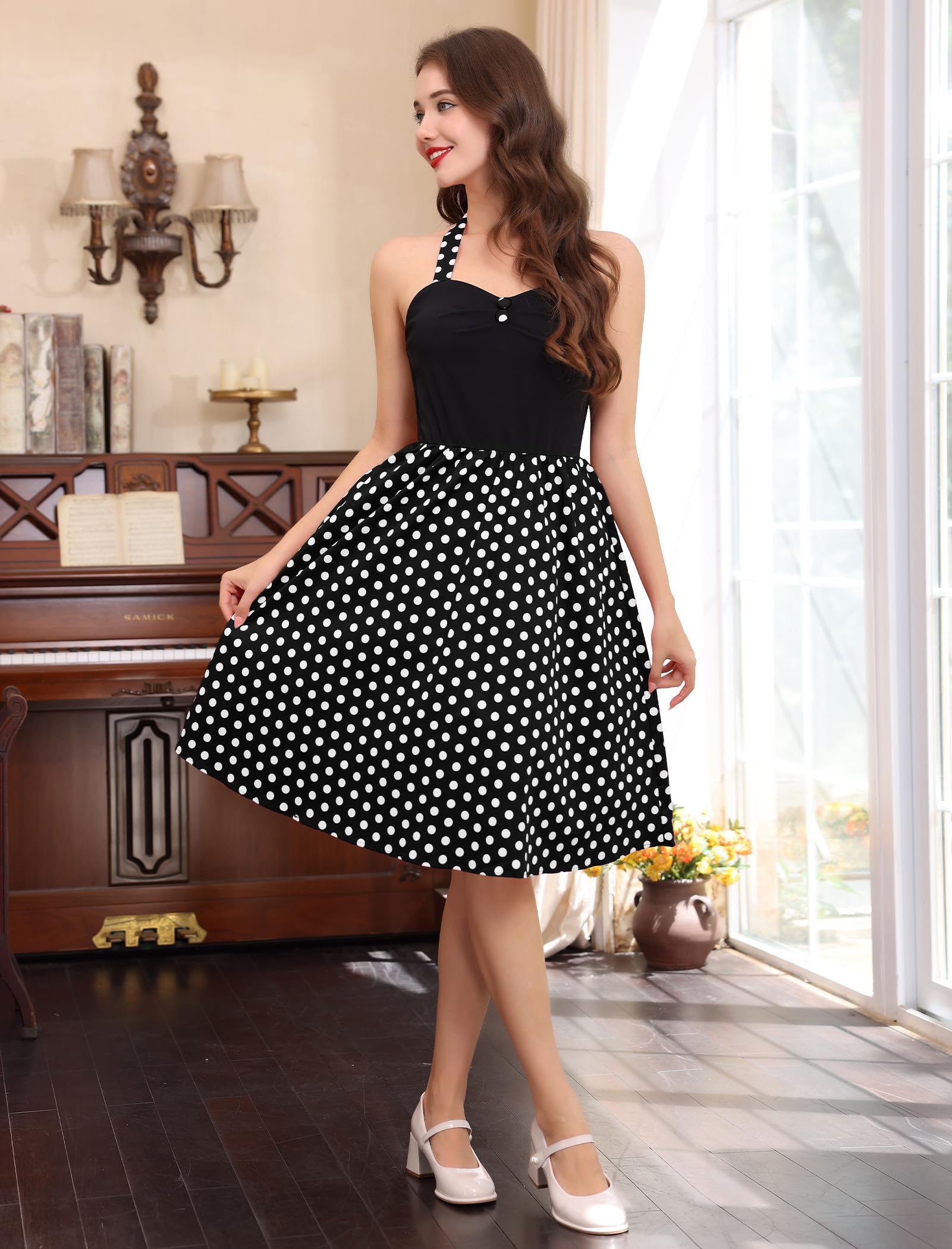 Robe de cocktail rétro pour femme, style années 50, pin-up, dos nu, à pois, noir, Taille L