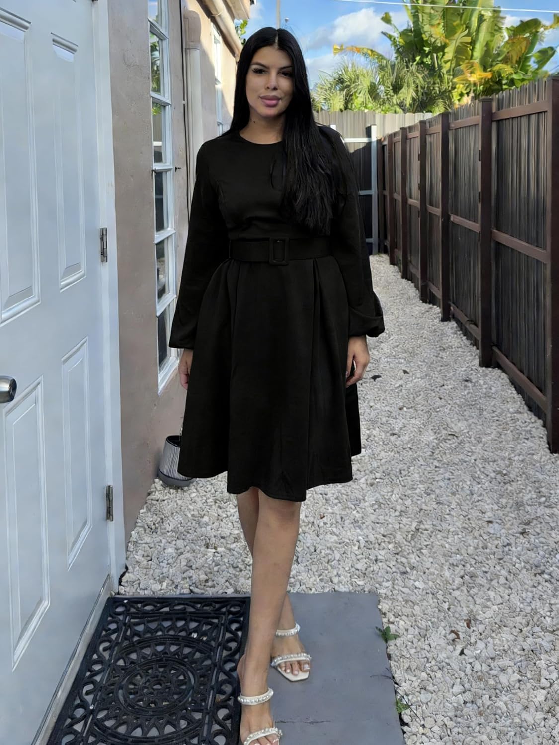 Elainone Women Long Sleeve A Line Dress with Belt Church Wedding Guest Semi Formal Office Dresses - Image 2