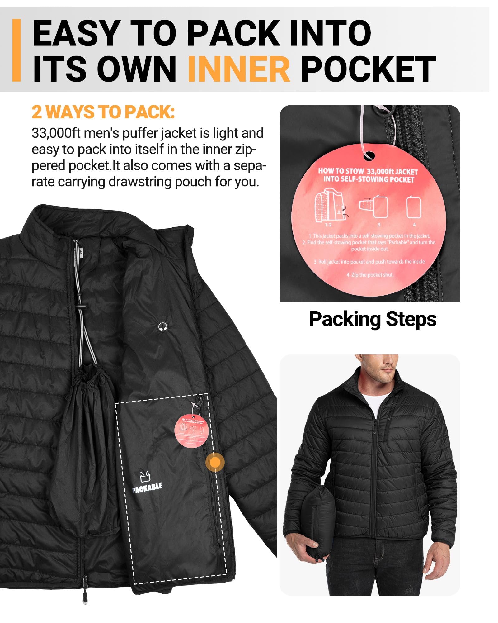 33,000ft Herren Steppjacke Leichte Übergangsjacke in Daunenjacken-Optik Winterjacke für Männer Gefüttert mit Taschen Packbar für Freizeit Wandern Reisen Lightweight Puffer Jacket