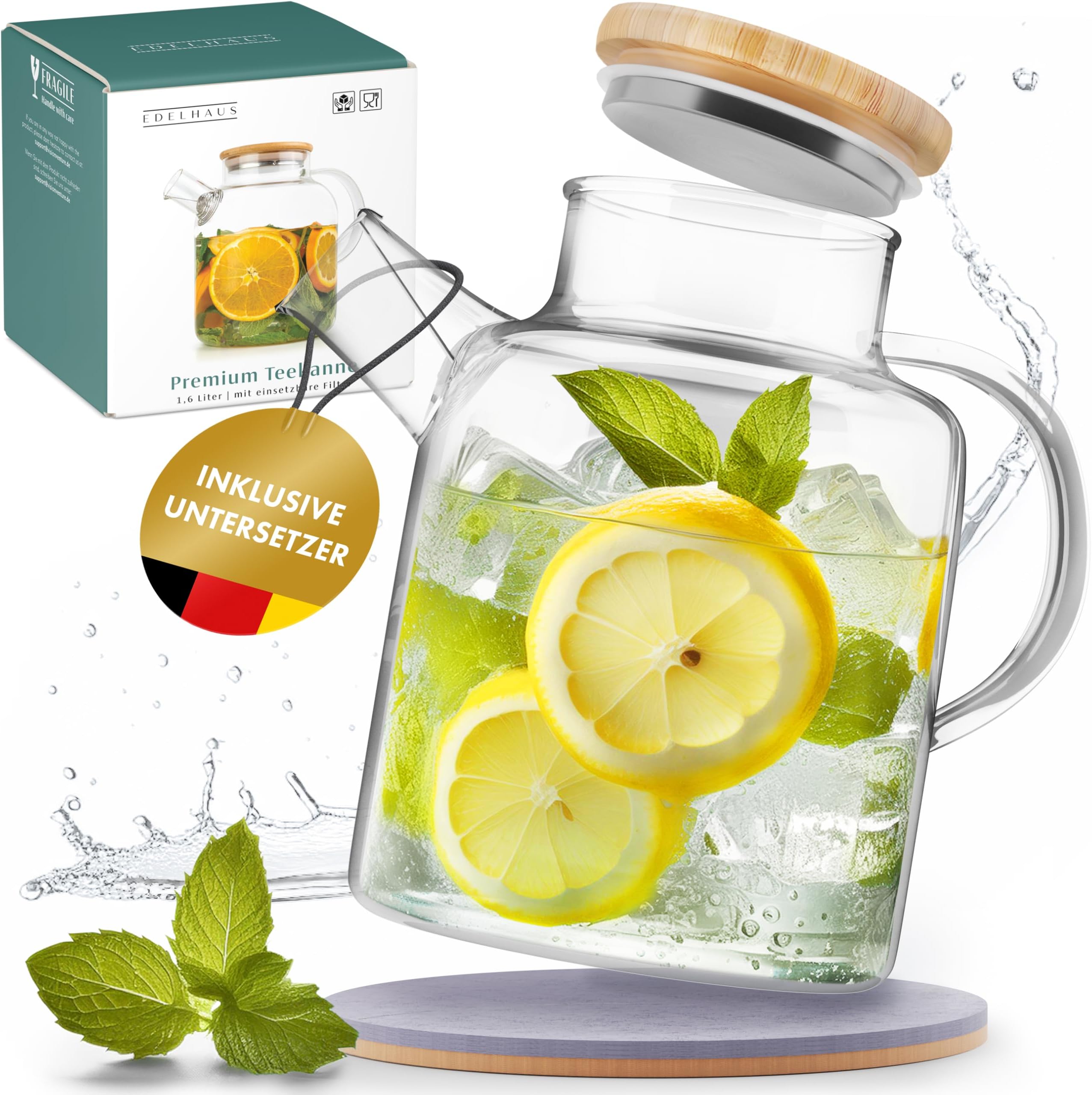 DUJUST Schwarze Glaskaraffe Mit Goldenem Deckel – Elegante Karaffe Für Saft, Wasser, Tee (1,25 Liter)