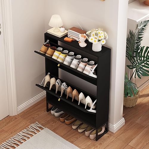 Vista 29 de Armario estrecho de almacenamiento de zapatos con 3 cajones abatibles, armario de madera para zapatos con cajón de puertas de lino, organizador