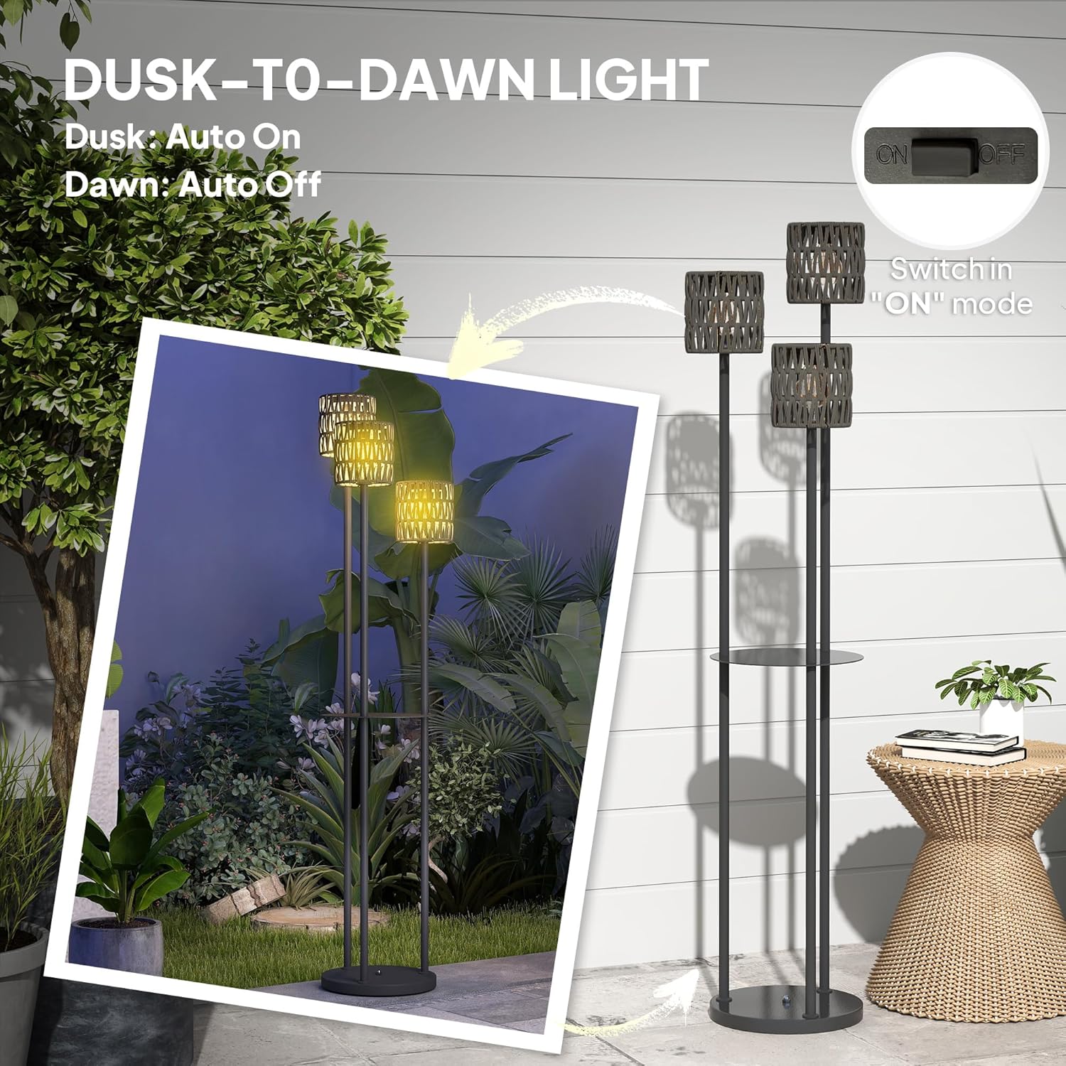 Outsunny Boho Rattan Floor Lamp, 3-Lights Rattan Lamp with Shelf, Freestanding Solar Garden Light with Auto On/Off Lights, IP44 Waterproof for Porch, Pathway, Terrace, Grey