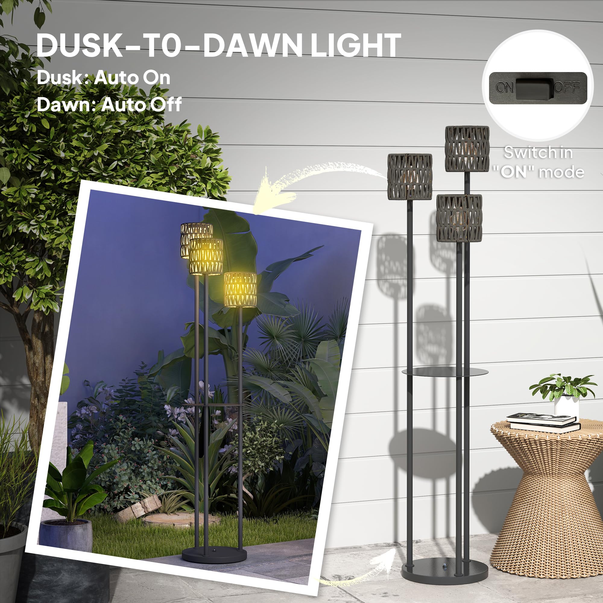 Outsunny Lámpara de pie de ratán bohemia, lámpara de ratán de 3 luces con estante, luz solar de jardín independiente con luces de encendido/apagado automático, IP44 impermeable para porche, camino