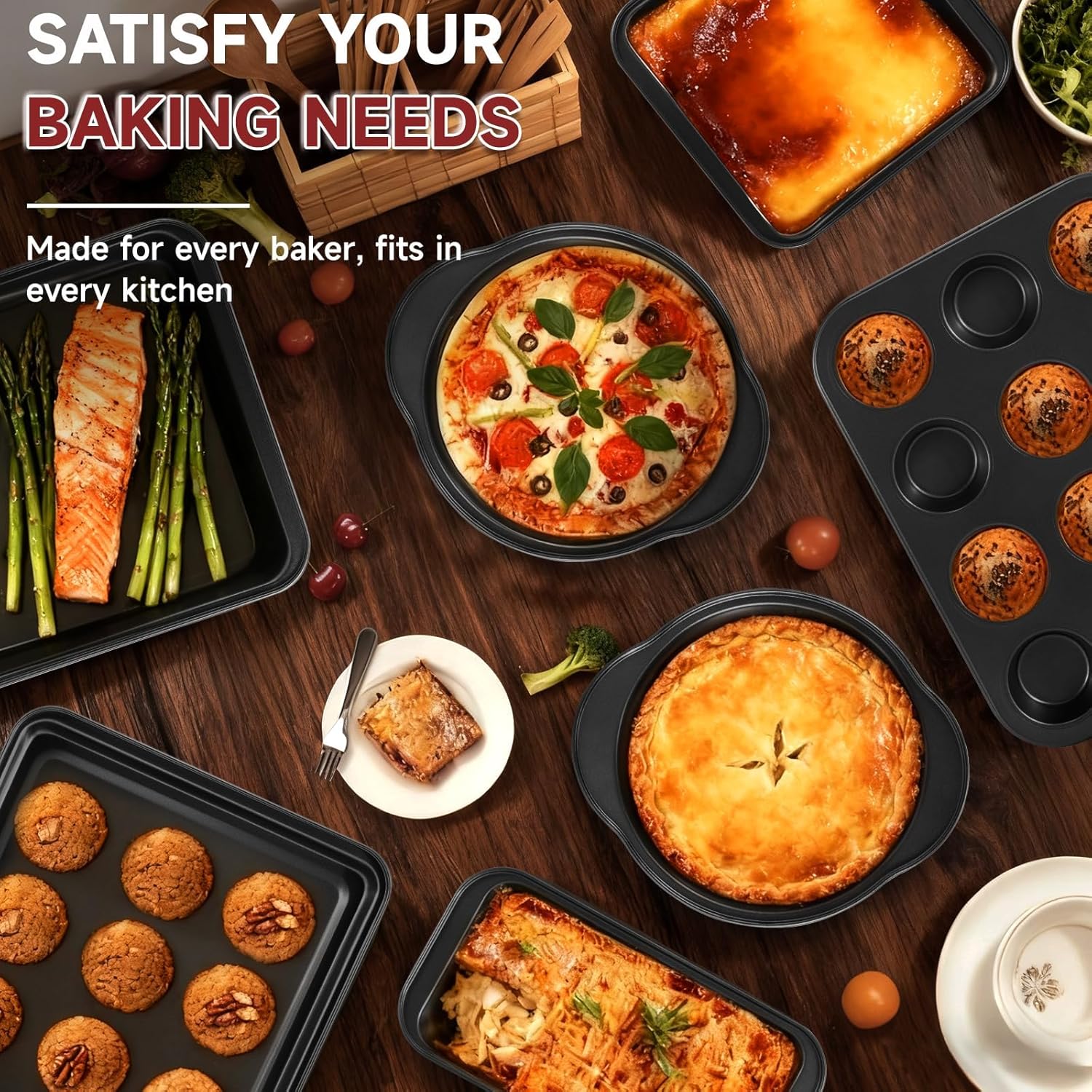 Unokit 8-Piece Nonstick Baking Pans Set - Stainless Steel Bakeware Set for Cooking, Stackable Trays with Cookie Sheets, Muffin, Cake, Loaf, Round & Square Pan and Cooling Rack, Dishwasher & Oven Safe
