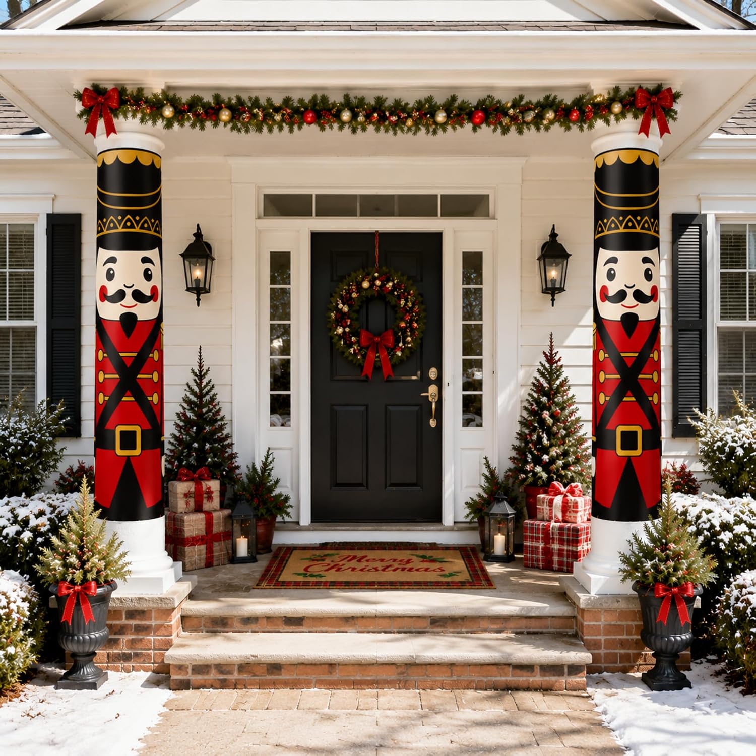 Fanfanwin 2 Pack Christmas Nutcracker Column Wraps for Porch Decorations