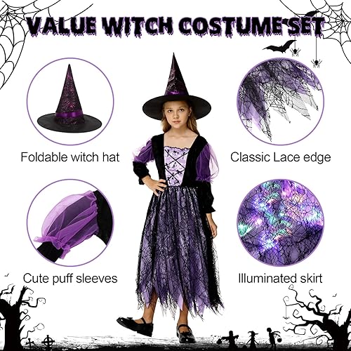 Miniatura 3 de Emorefun Conjunto de disfraz de bruja iluminado para niñas con sombrero y varita mágica, juego de lujo para fiesta de Halloween