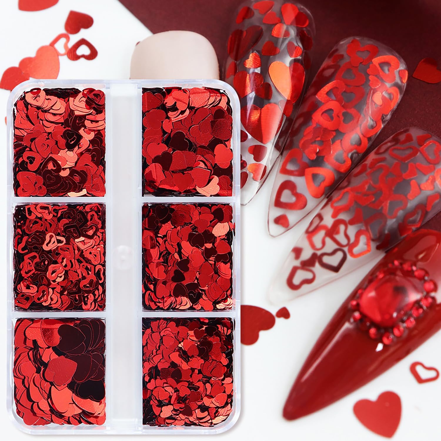 RIICFDD Valentine’s Day Nail Art Sequins 6 Grids Heart Sequins 3D Nail Glitter Flakes Laser Nail Art Design Red Sequins Large Glitter Flakes Holographic Nail Glitter for Women Girls Nails Decoration