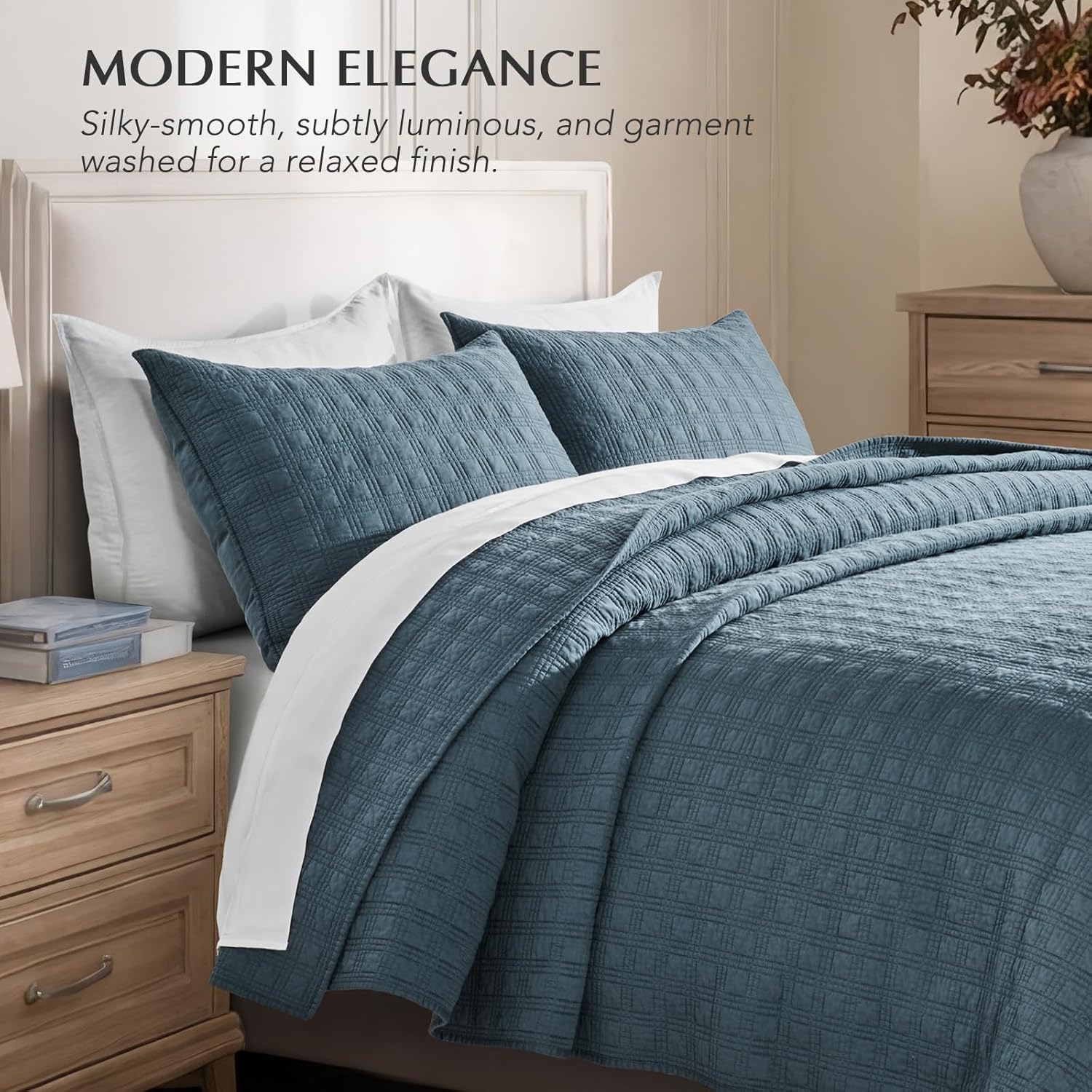 EVERGRACEHOME Windowpane Cotton Sateen Quilt Set Queen Size, Pre-Washed 100% Cotton Coverlet Bedspread, 3-Piece Soft Lightweight Bedding Set with 2 Shams for All Seasons, Sonoma Blue | Windowpane Stitch, Luxe Cotton Sateen, Pre Washed, 100% Cotton, Oversized, Oeko-Tex Certified