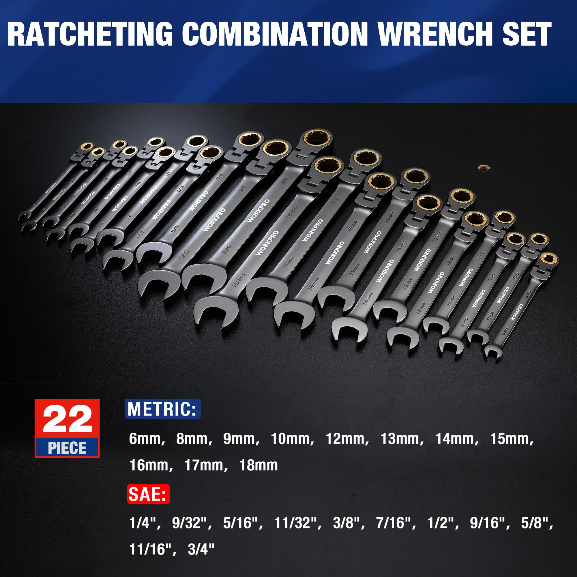 WORKPRO 22-Piece Flex-Head Ratcheting Wrench Set, Ratchet