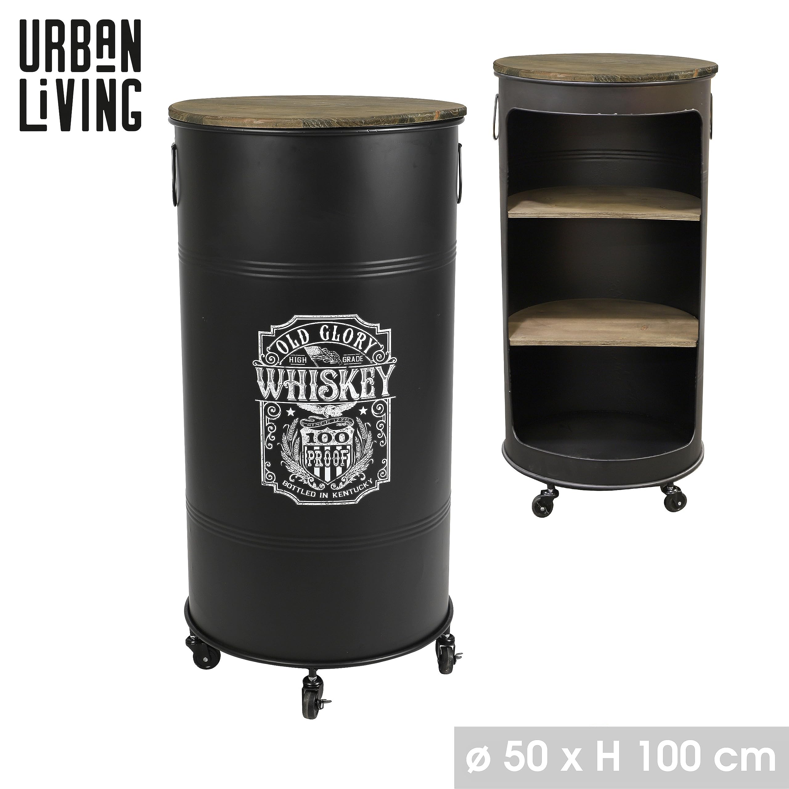 Urban Living LOFT & Metal Bar BIDON avec roulettes Design Old Glory Whiskey D50CM X H100CM