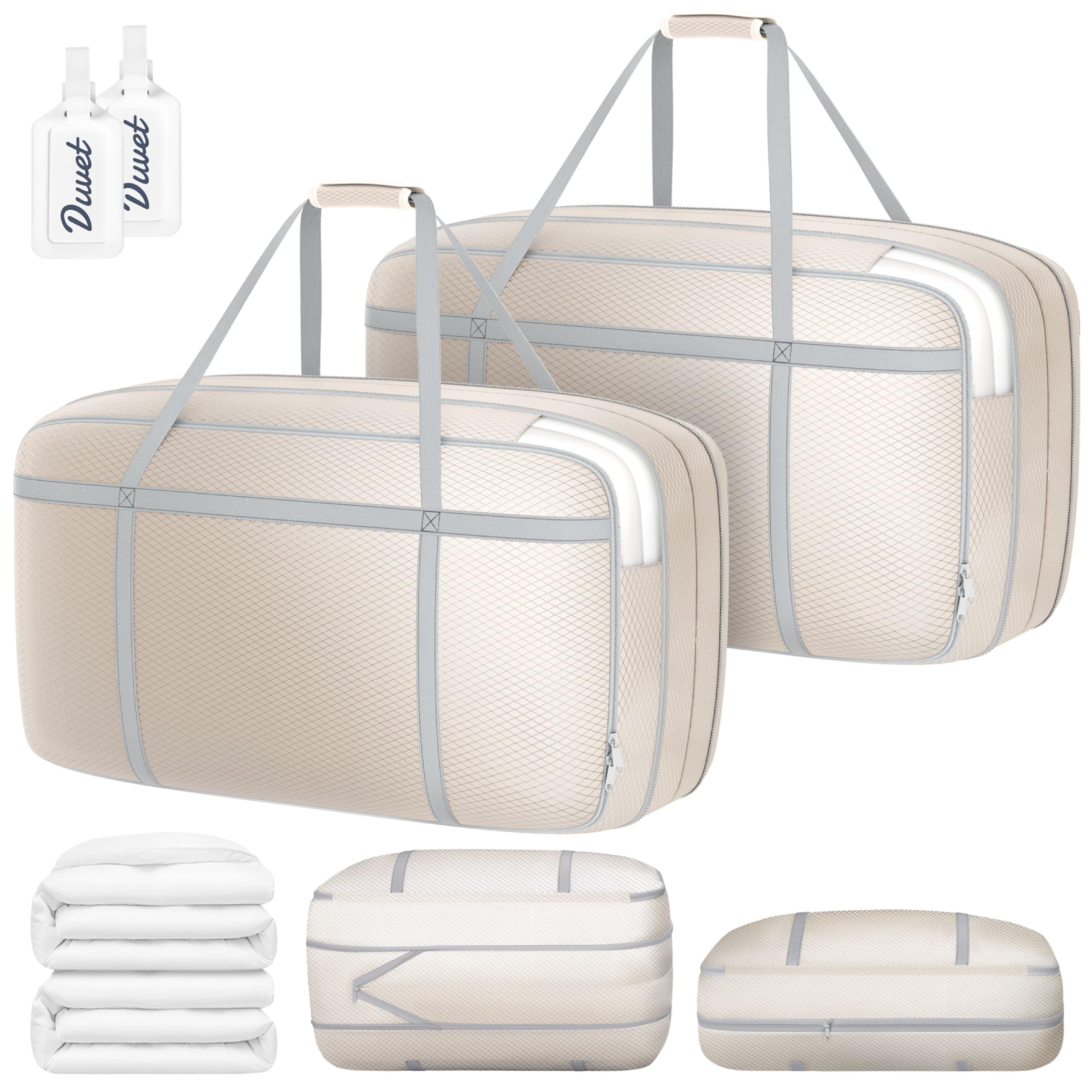 DIMJ Extra Large Storage Bags - 200L Washable Compression Blanket Moving Bags with Clear Window for Closet Organizing Clothes, Comforters Duvet Bedding, Dorm, Beige - 2 Pack