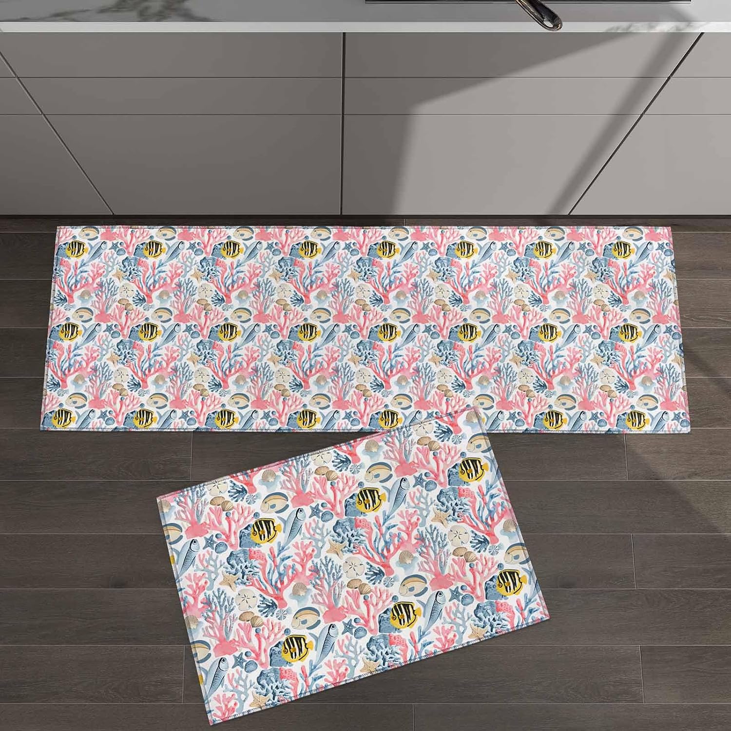 2 Pieces Kitchen Rugs and Mats,Summer Watercolor Ocean Coral Fish Area Runner Rug Set Non Slip Floor Doormat Washable Carpet Standing Mat for Kitchen Sink Indoor Corridor,Coastal Marine Animal