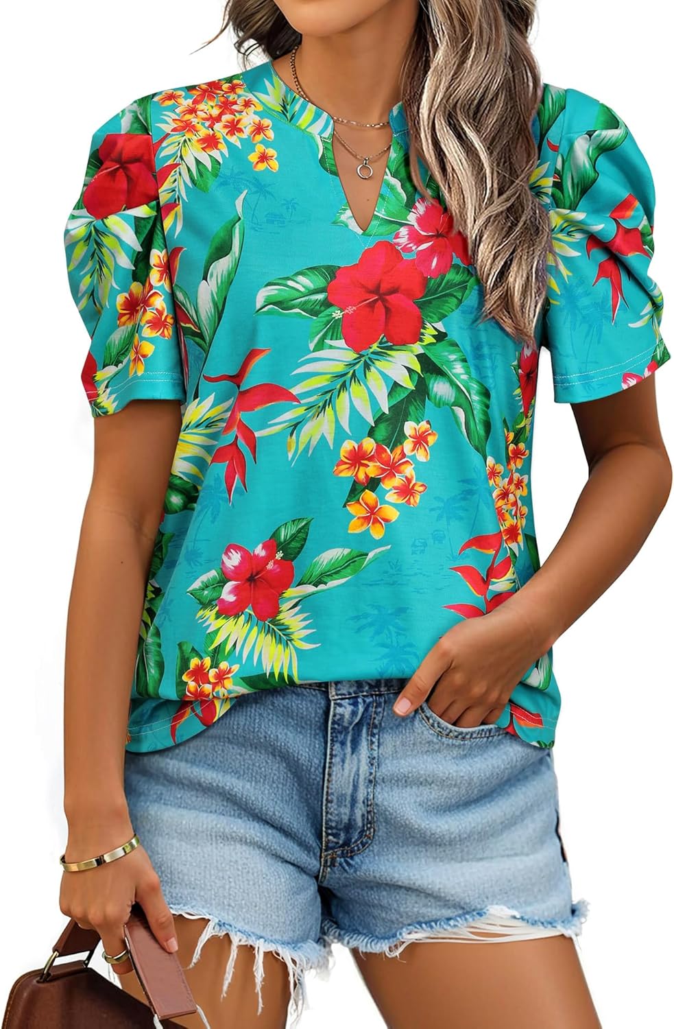 Ezcosplay Women Puff Sleeve Tops Floral Hawaiian Shirt Notched V Neck T-Shirt Casual Tropical Outfits