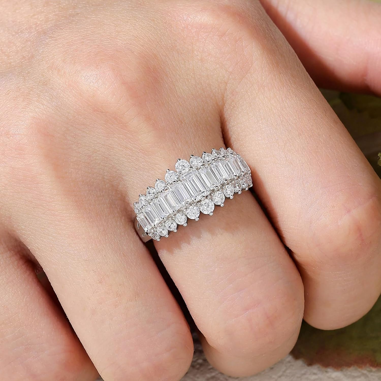 Wuziwen Emerald Cut Wedding Bands for Women Engagement Rings for Her Cubic Zirconia Eternity Ring 925 Sterling Silver - Image 3