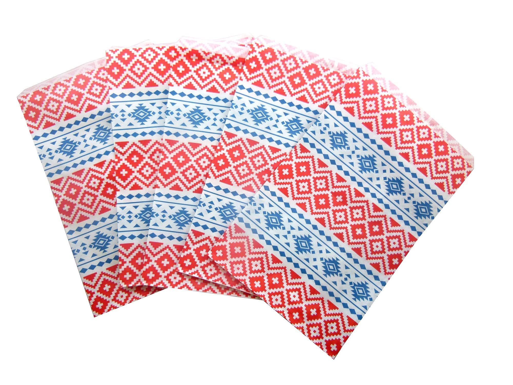 100 Stück flache unifarbene Papiertüten oder gemusterte Tüten für Süßigkeiten, Kekse, Merchandise, Stifte, Gastgeschenke, Geschenktüten (15,2 x 22,9 cm, Tribal-Druck)