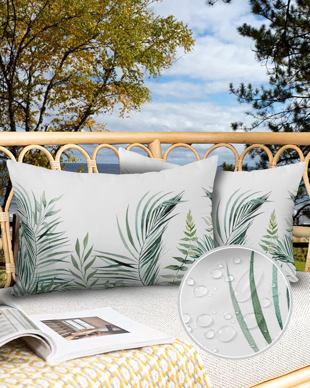 Outdoor Waterproof Throw Pillows Tropical Palm Leaves White Patio Pillows Pack of 2,Decorative Pillow Covers with Insert,Pillow Cushion Case for Garden Couch Sofa Pastoral Green Leaf Plant