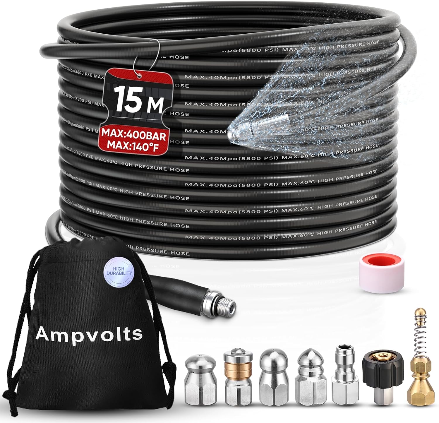 50FT Sewer Jetter Kit for Pressure Washer, 5800 PSI Drain Cleaning Hose with 5 Jet Nozzles & 2 Adapters, Compatible with Spray Guns and Power Washers, Ideal for Clogged Pipes and Drains