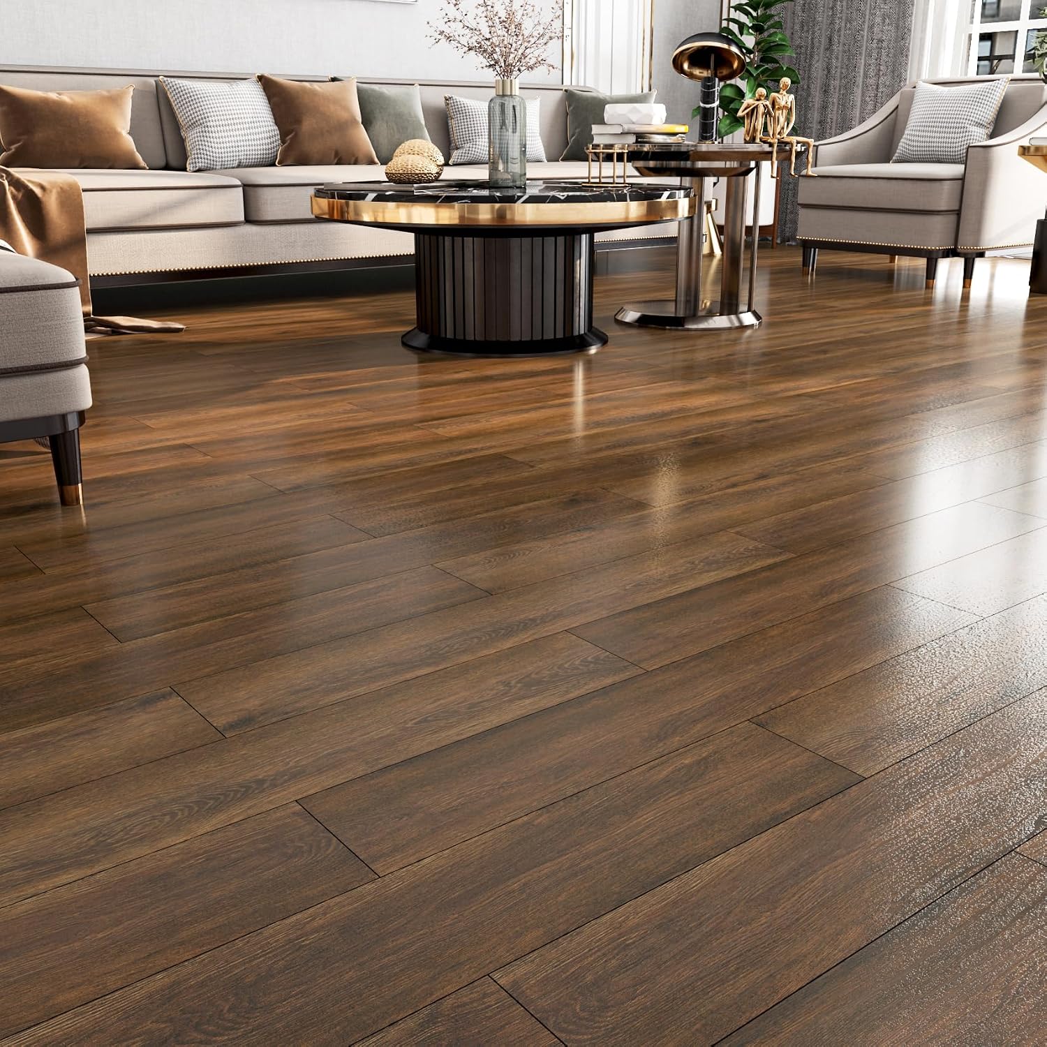 FunStick 6"x36" 17 Pcs Brown Walnut Wood Peel and Stick Floor Tile Waterproof Vinyl Plank Flooring Peel and Stick Wood Flooring Planks for Bathroom Kitchen Living Room Stick on Laminate Flooring Tiles
