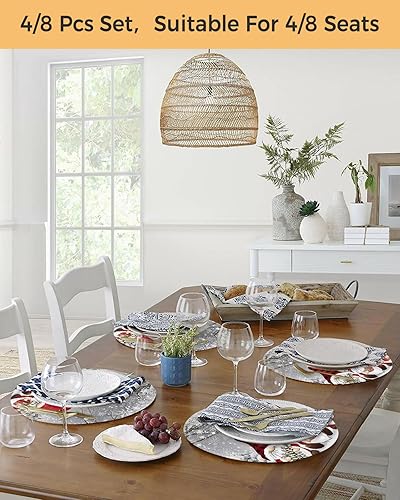 Miniatura 6 de Juego de 2 manteles individuales redondos trenzados, antideslizantes, diseño de gnomos rojos de Navidad, rama, copo de nieve, árbol de Navidad,