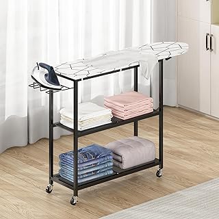 GILLAS Ironing Board with 2 Tier Storage Basket, Movable Ironing Board Full Size for Iron Rest & Clothes, Tabletop Ironing Boards, Ironing Stand Iron Boards Ironing Table Rustic, White