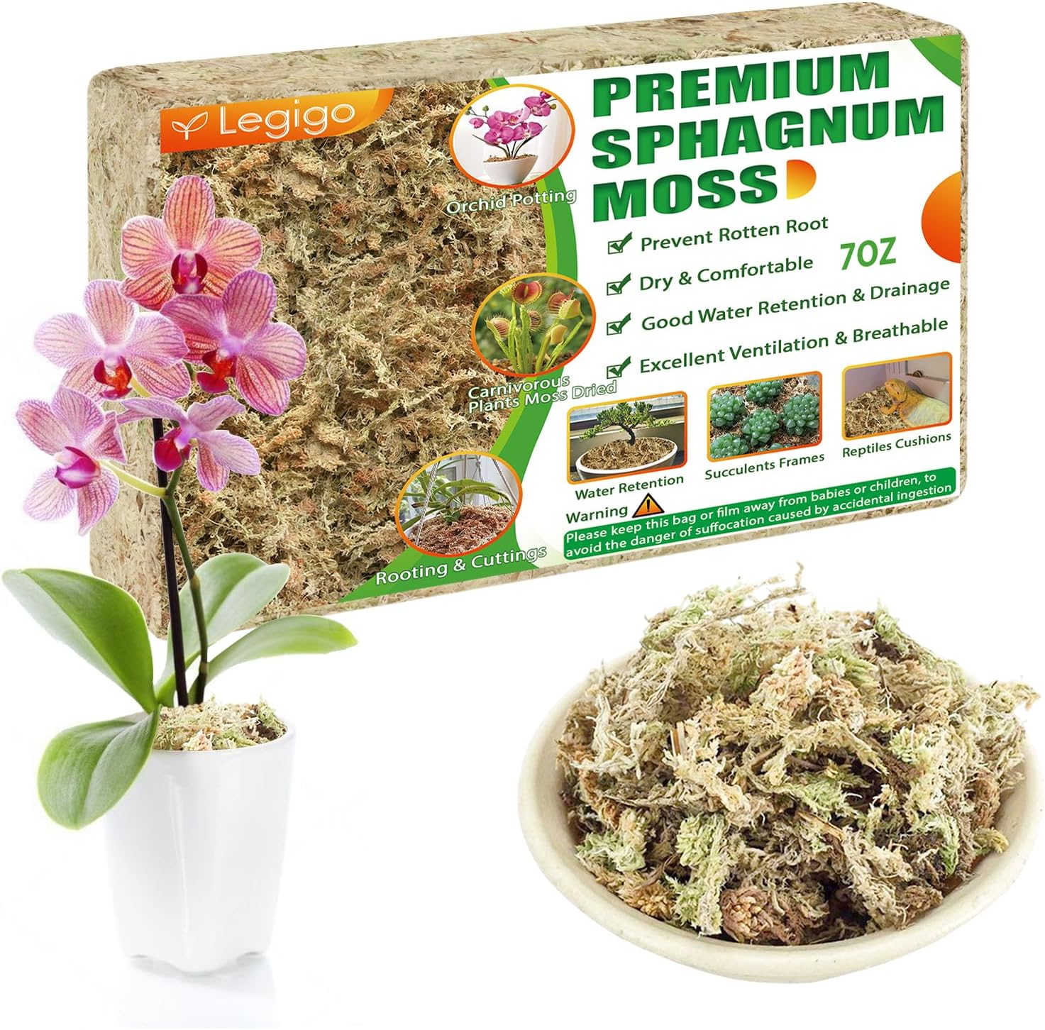 Legigo 2.2LBS Premium Sphagnum Moss for Plants- 40QT Natural Succulent Carnivorous Plant Moss Dried, Long Fiber Orchid Moss for Orchid Repotting Succulent Sarracenia Potted Plants Gardening & Reptiles
