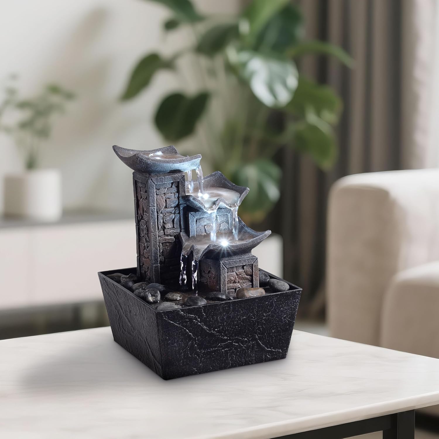 Tabletop Fountain Indoor Waterfall – 3-Tier Black Zen Decor with Pebble Base, White LED Light, Water Pump & On/Off Switch – Desktop Feng Shui Relaxation Gift for Home or Office (21110B)