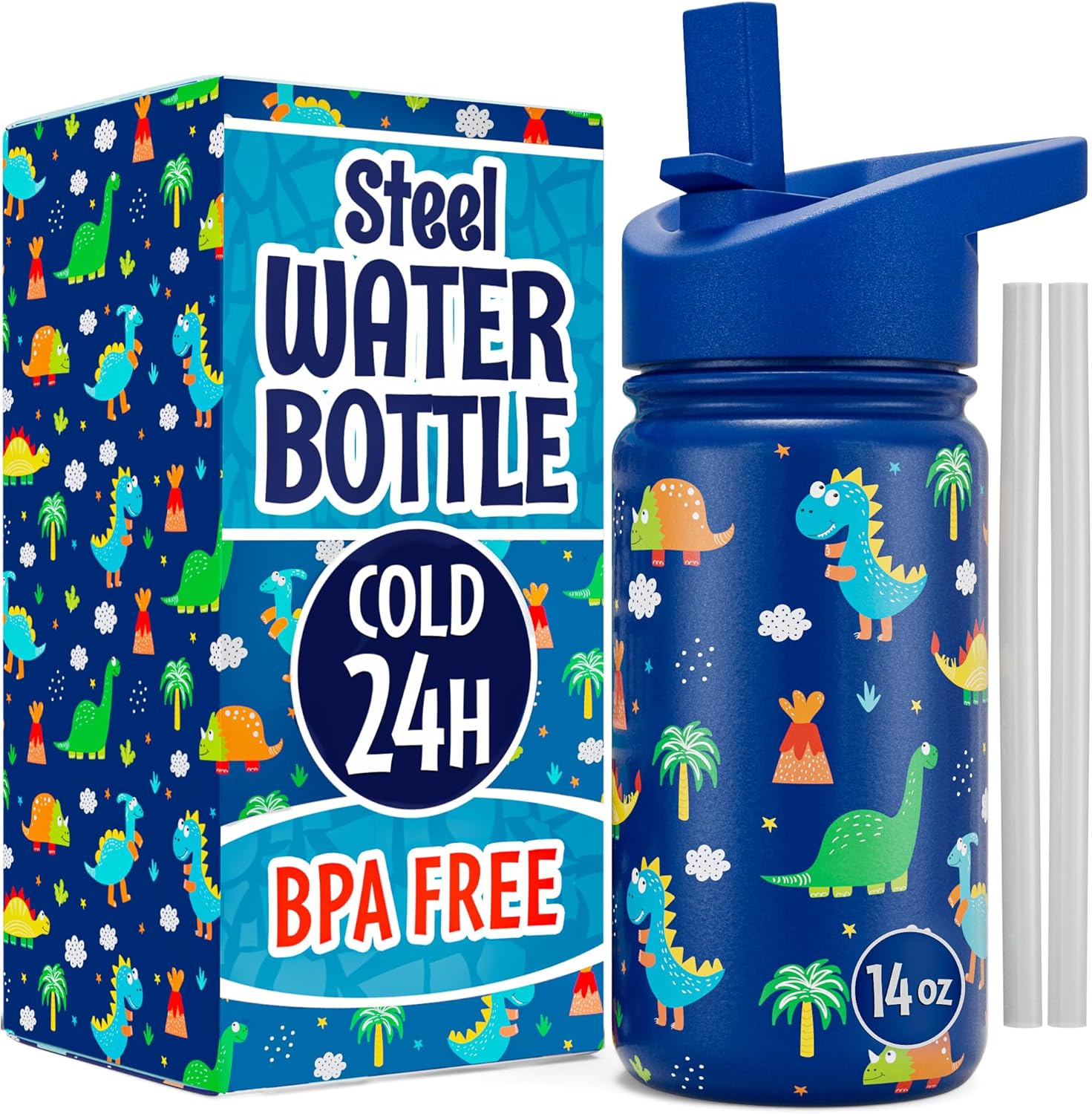 Stainless Steel 14 OZ Kids Water Bottle with Straw | BPA-Free Insulated Water Bottle with Leak-Proof Lid | Dinosaur Kids Water Bottle for School | Kids Stainless Steel Water Bottles