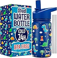Vista 1 de Botella de agua de acero inoxidable de 14 onzas con popote Botella de agua aislada sin BPA con tapa a prueba de fugas Botella de agua