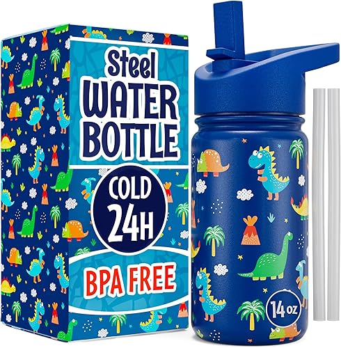 Botella de agua de acero inoxidable de 14 onzas con popote | Botella de agua aislada sin BPA con tapa a prueba de fugas | Botella de agua de