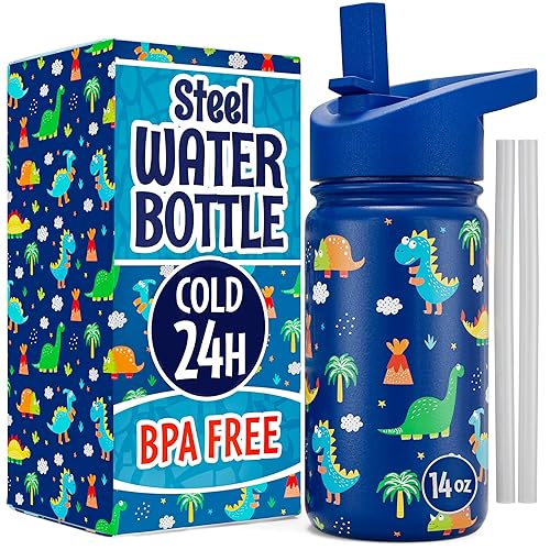 Klevly Stainless Steel 14 OZ Kids Water Bottle with Straw | BPA-Free Insulated Water Bottle with Leak-Proof Lid | Dinosaur Kids Water Bottle for School | Kids Stainless Steel Water Bottles