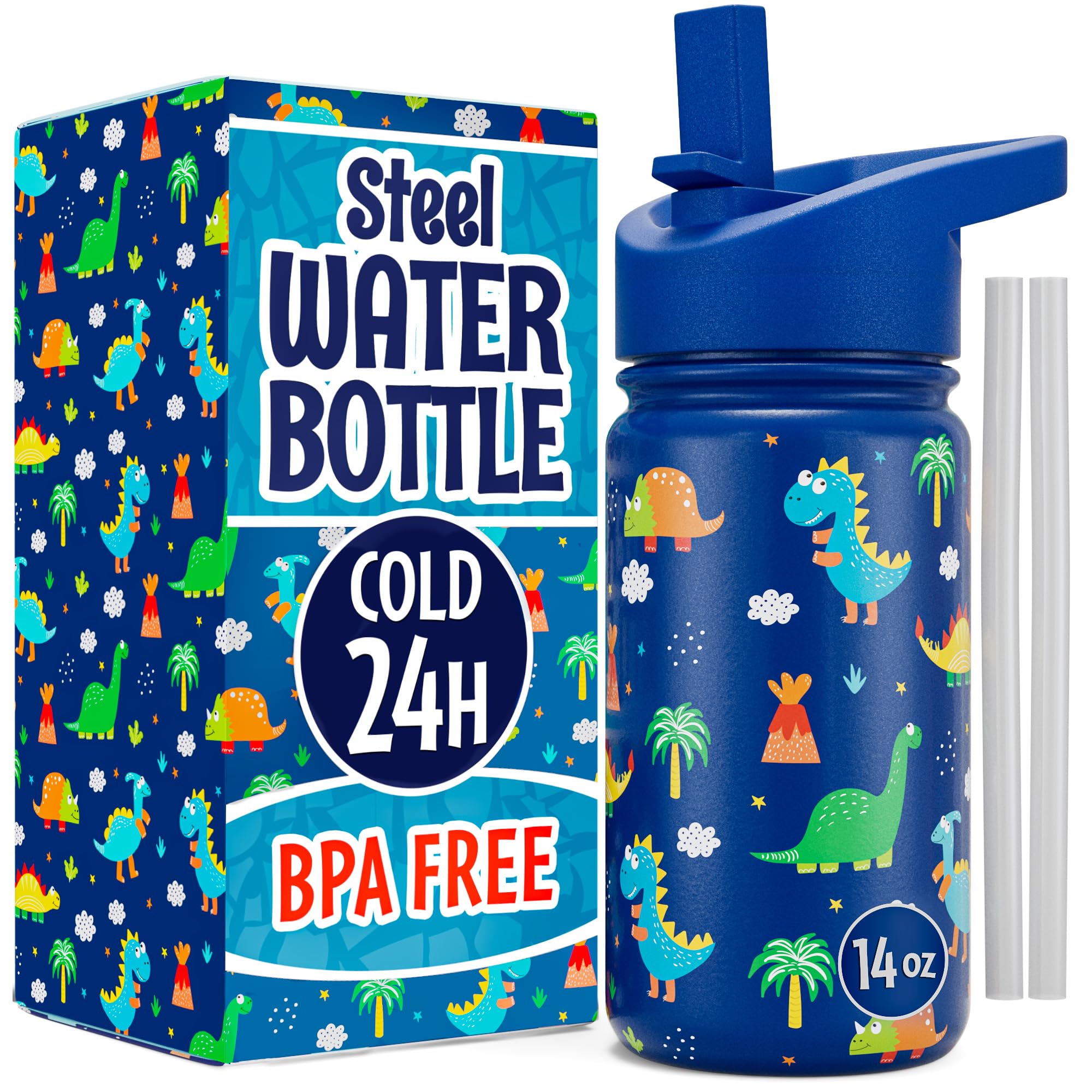 Klevly Stainless Steel 14 OZ Kids Water Bottle with Straw | BPA-Free Insulated Water Bottle with Leak-Proof Lid | Dinosaur Kids Water Bottle for