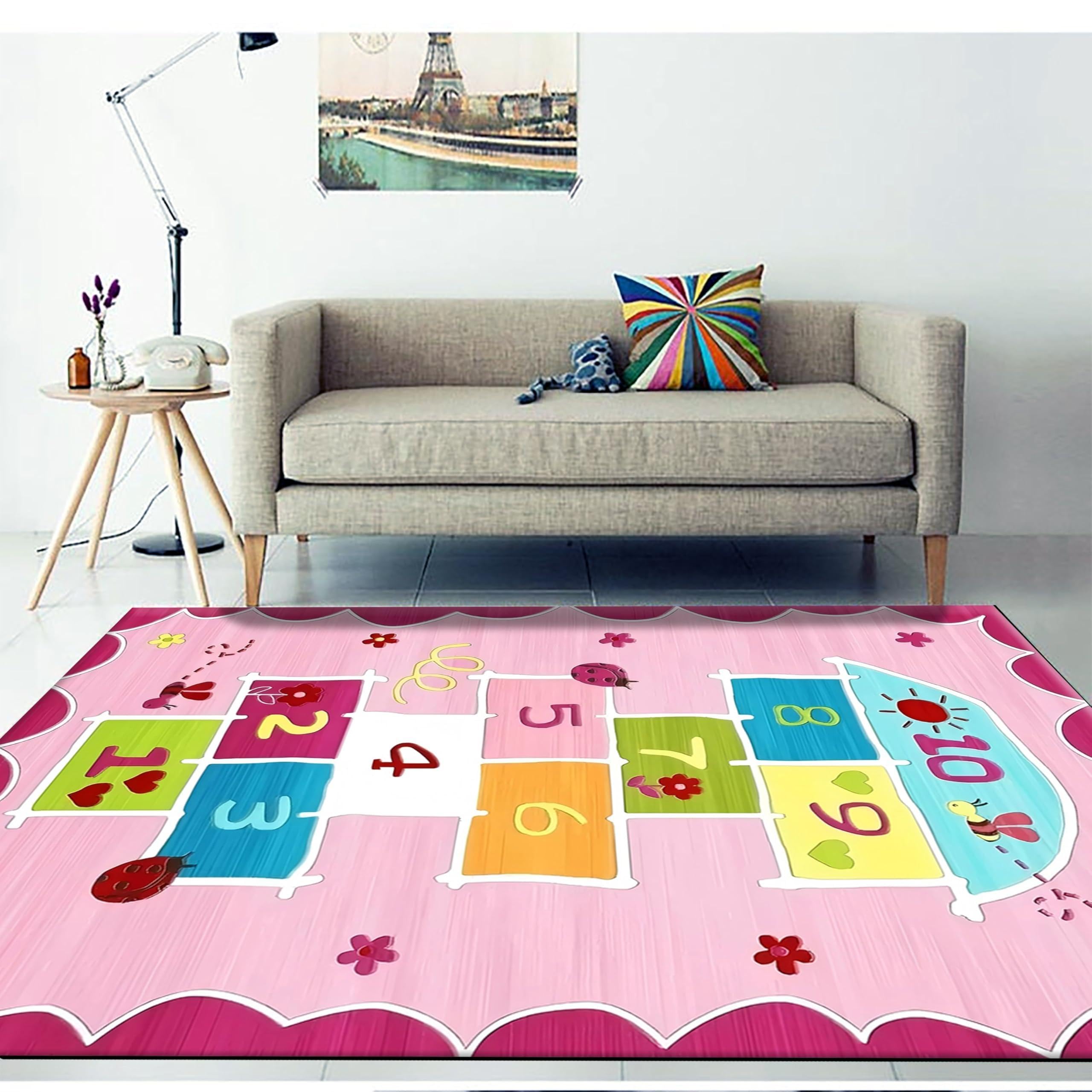 Bunt Zahlen Hüpfspiel Teppich Kinderzimmer, Rosa Blumen Biene Bedruckter Pädagogischer Spielteppich Waschbar rutschfeste Bodenmatte für Wohnzimmer Schlafzimmer 80x140cm