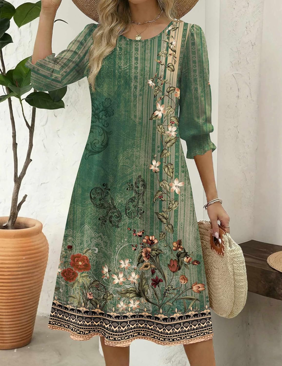 Zeagoo Summer Dresses for Women 2026 3/4 Sleeve Dress for Women Floral Midi Dresses for Casual Womens Dresses with Pockets - Image 3