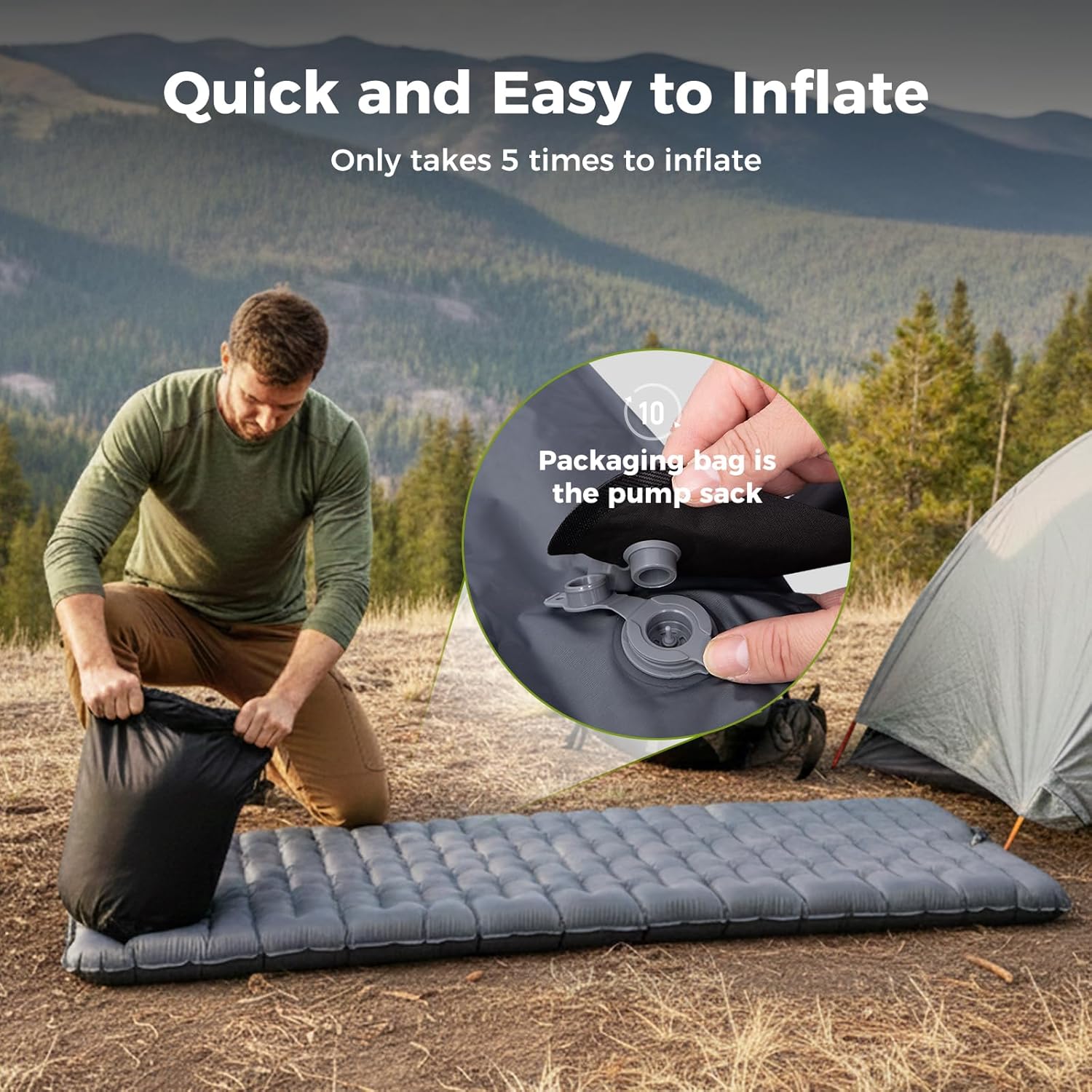 ATEPA ThermAir Backpacking Inflatable Sleeping Pad, 5 R-Value Insulated Ultralight Portable Sleeping Pad Thick Camping Mat with Pump Sack for Camping Backpacking Tent, Wide Long Size 71.65"x24.41"