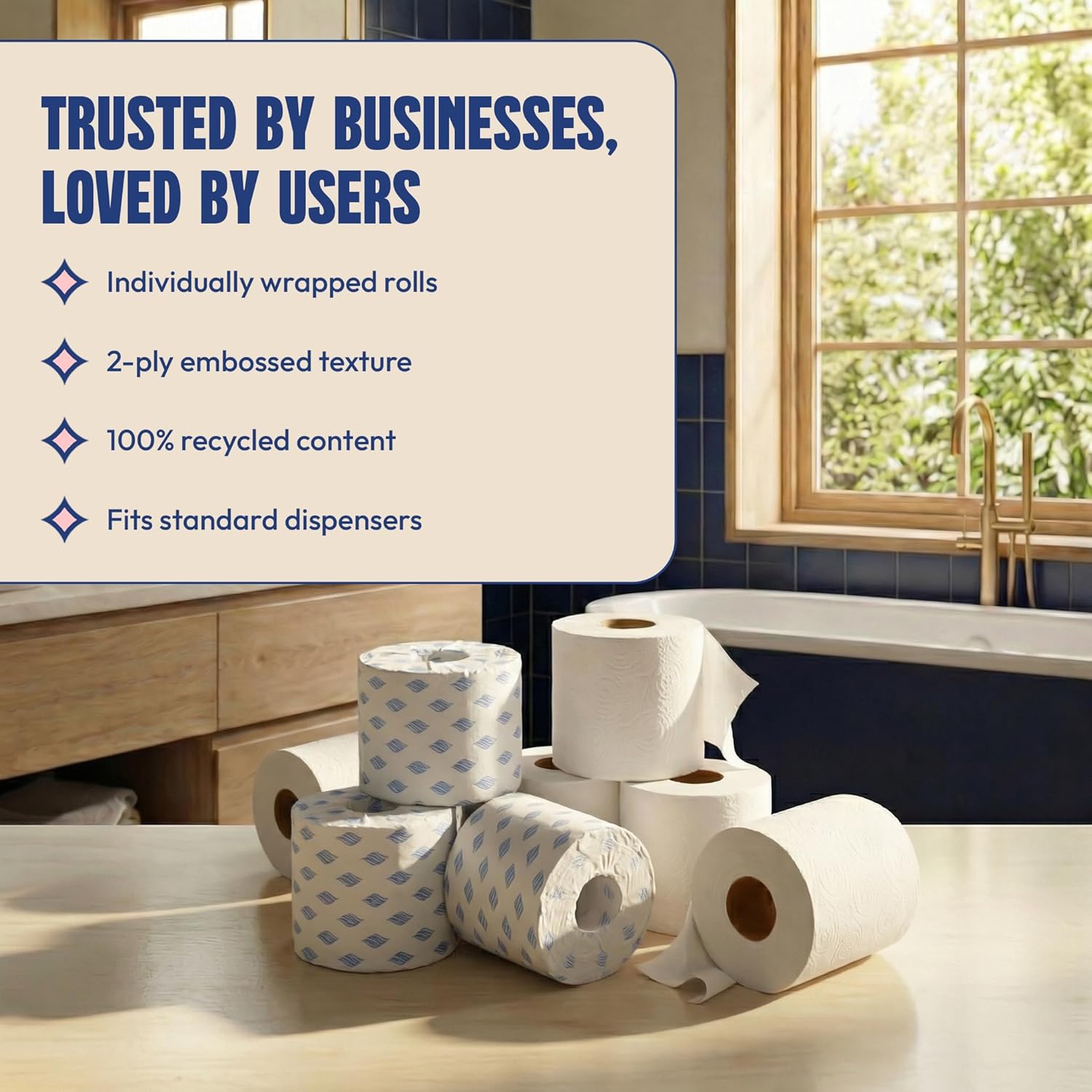 Toilet Paper Bulk 2-Ply White, 96 Individually Wrapped Rolls, 400 Sheets per Roll (38,400 Total Sheets), 100% Recycled Commercial Bath Tissue, Septic Safe Standard Roll for Office and Home | Embossed texture, Fits all dispensers, Perforated sheets, Full-size 4"×3", Exceeds EPA specs, Hygienic wrapping